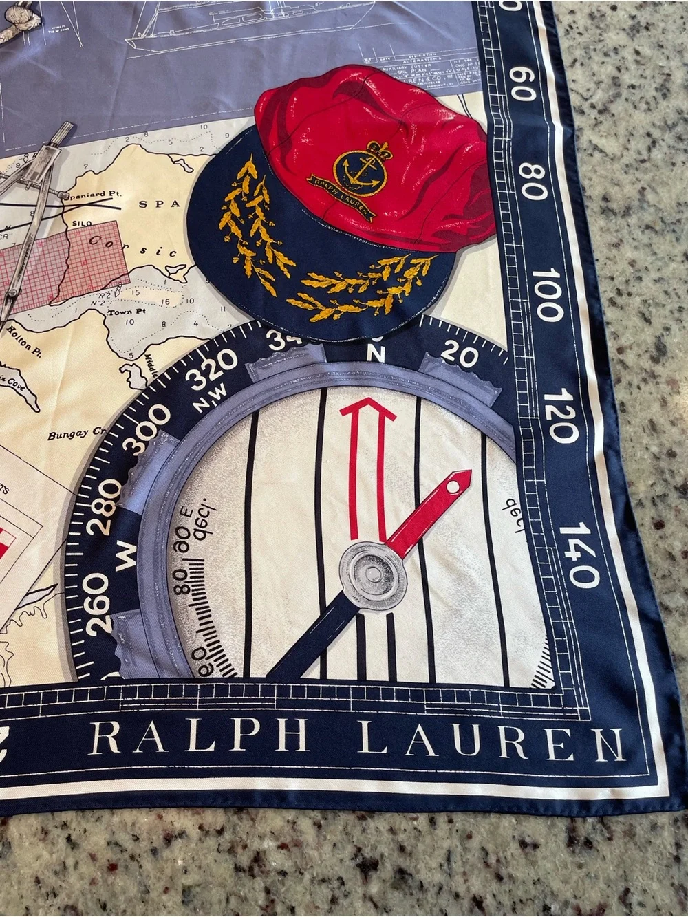 Pristine vintage Ralph Lauren 100% silk “explorer” Nautical scarf 35”X 35”